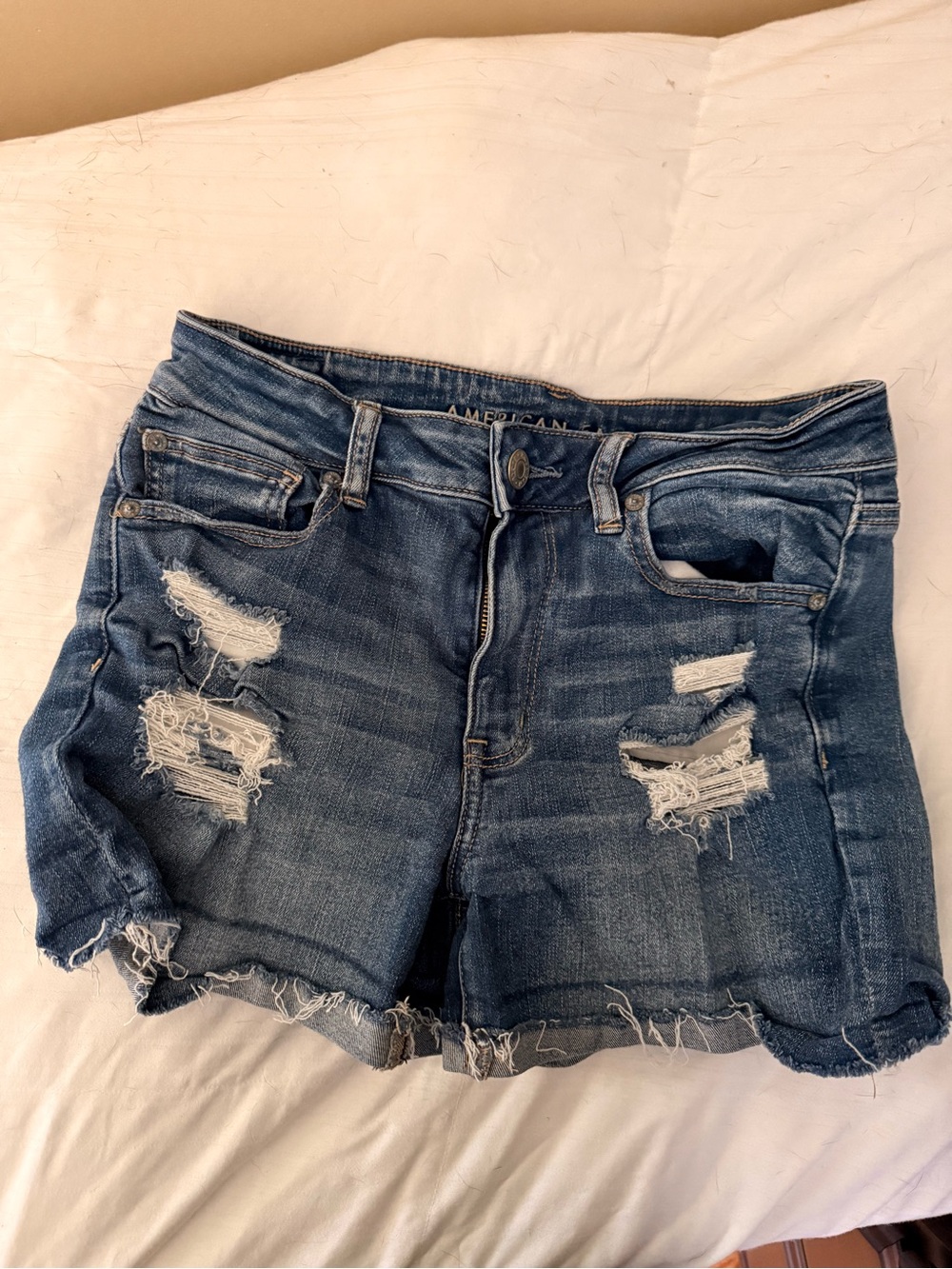 American Eagle Outfitters Ripped Mid-Blue Denim Shorts